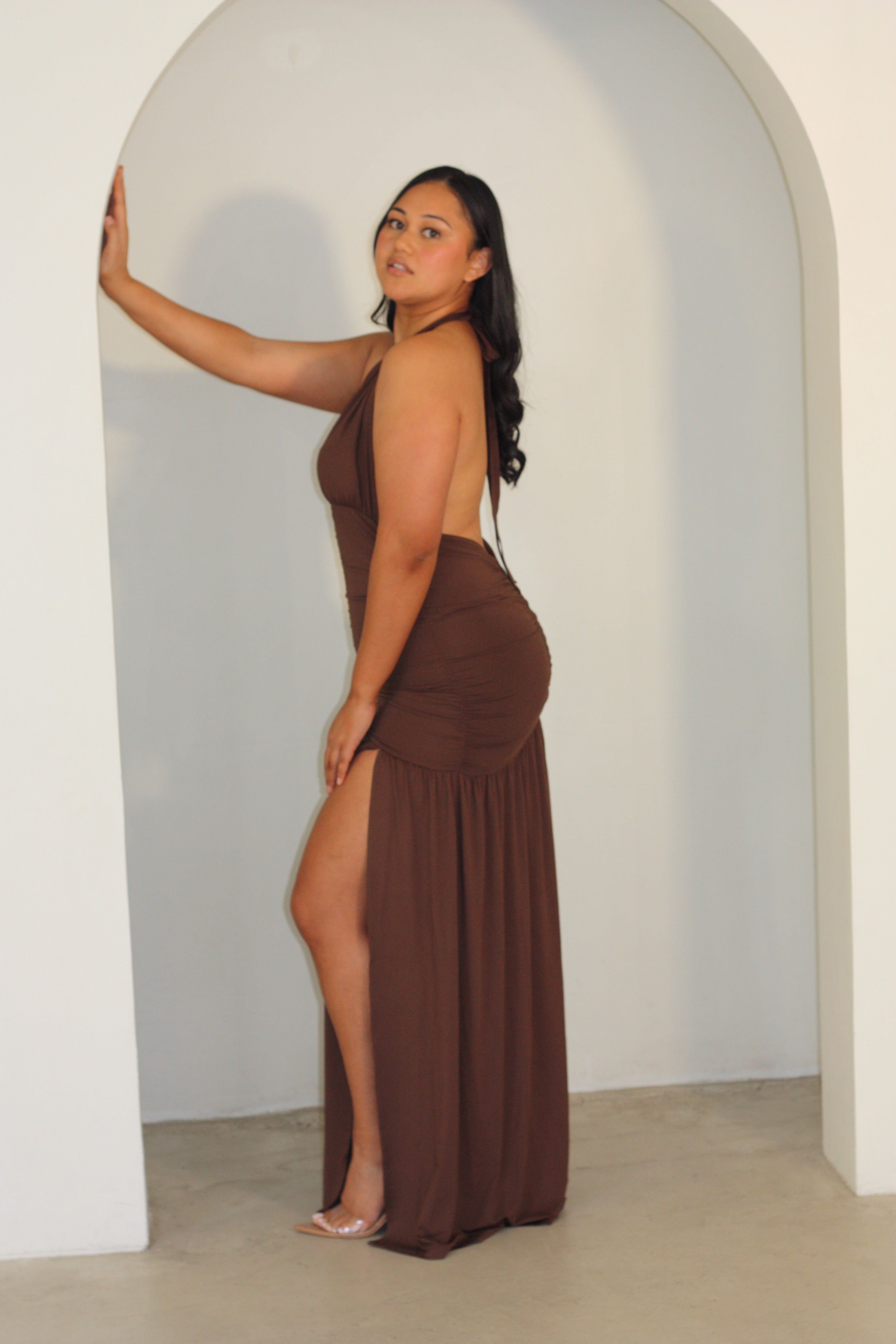 Deep Plunge Halter neck Dress in Cacao