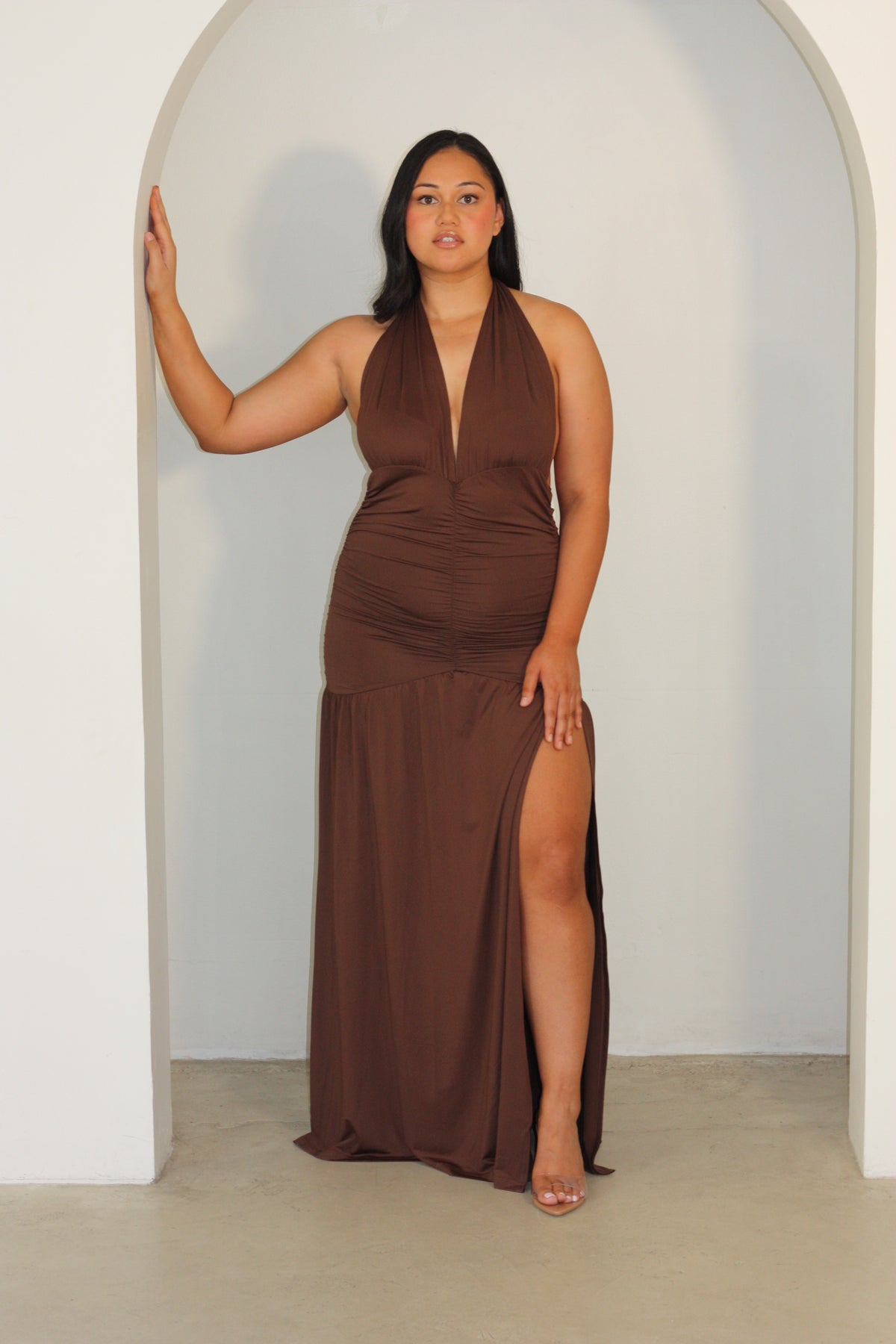 Deep Plunge Halter neck Dress in Cacao – Natia Dress Hire